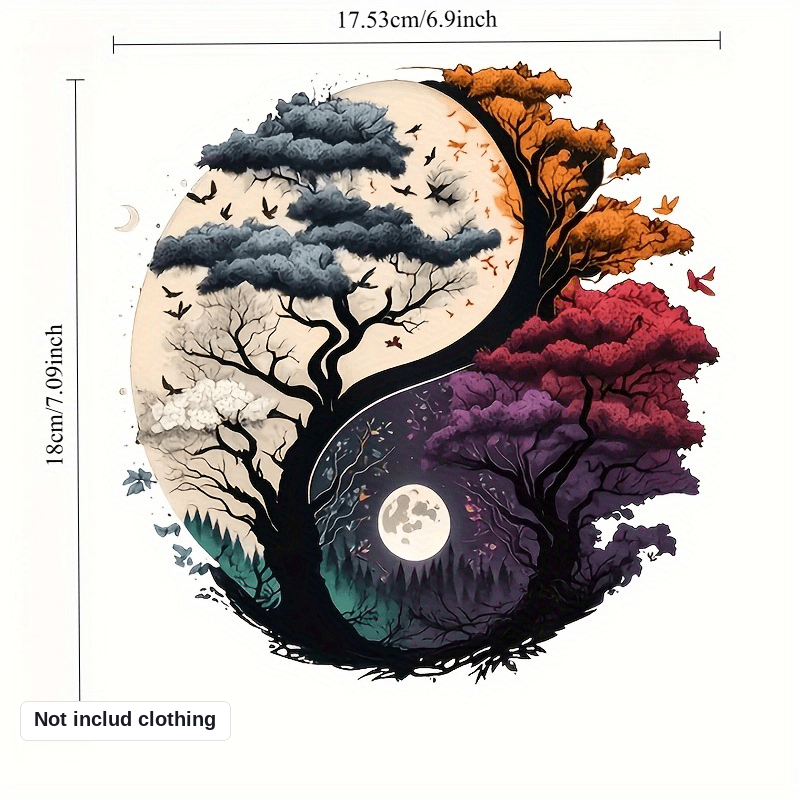 TEMU Life Tree Dual Seasonal Iron-on Decal Patch - Autumn/winter & Spring/summer Design With Birds, Butterflies & Moon, Gray & Yellow Vinyl Heat