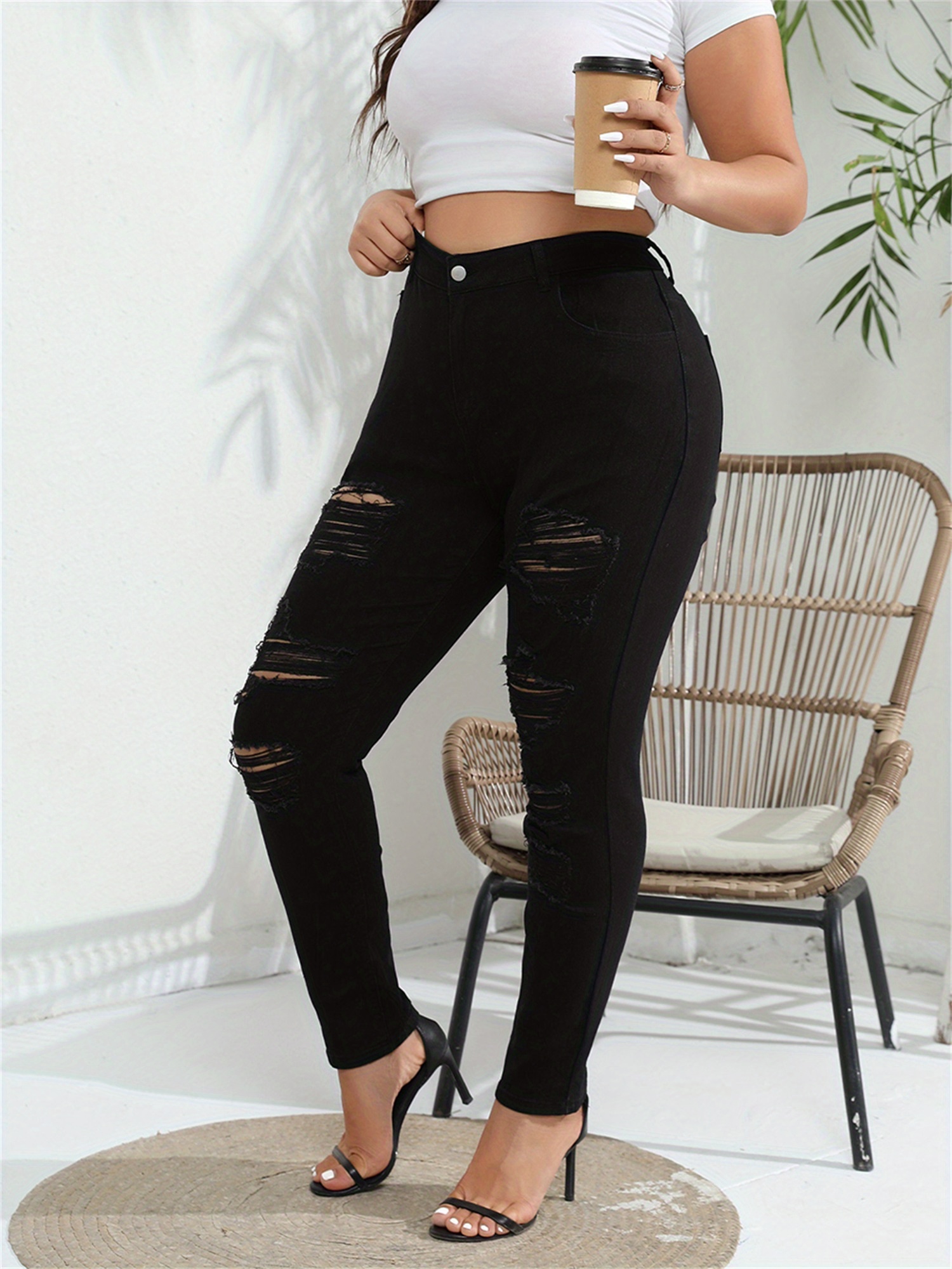 Women's Plus Size Black Ripped Skinny Jeans *-* Stretch Denim with  Distressed Details, Comfortable Casual Jeggings for Casual Attire