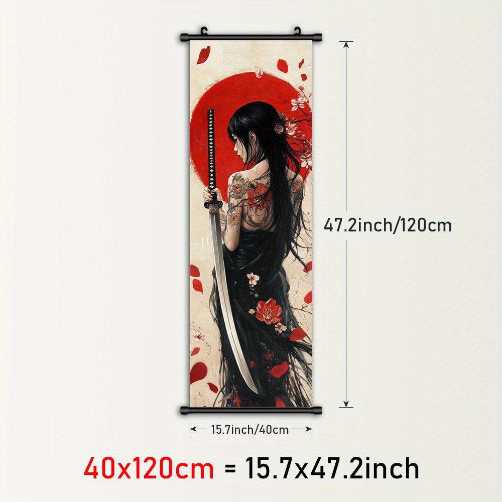 TEMU 1pc Japanese Anime-inspired Framed Hanging Scroll Wall Art - Vertical Woman With Sword & Red , Plastic Frame Canvas Print For Living Room,