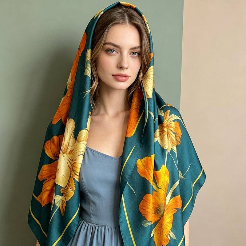 100 silk satin shawl dark green with orange sunflower pattern lightweight and breathable womens scarf
