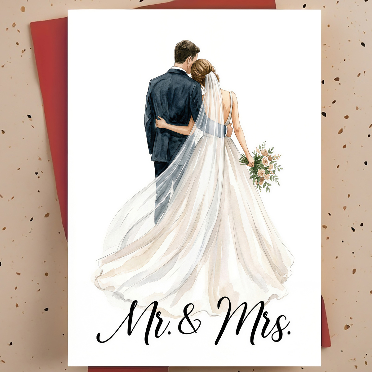 TEMU 1pc Wedding Greeting Card For , Married Couple – Bride And Groom With Bridal Bouquet Watercolor Illustration, Romantic Card, With Envelope