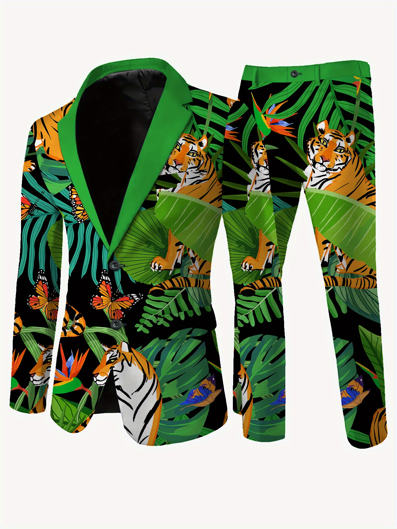 mens casual tiger jungle print suit relaxed fit long sleeve polyester blend   wear casual attire tiger print jacket stretchy fabric