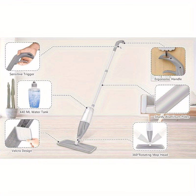 a spray mop for floor cleaning featuring a microfiber floor mop a wet dust mop for hardwood floors a flat mop floor cleaner a reusable bottle and with 2 washable pads suitable for wooden tiles decorative panel flooring Product details 5