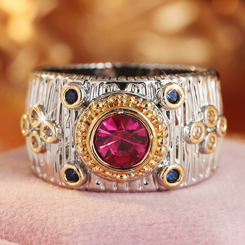 Women's Gothic Bark Texture Ring with Golden Border & Pink CZ