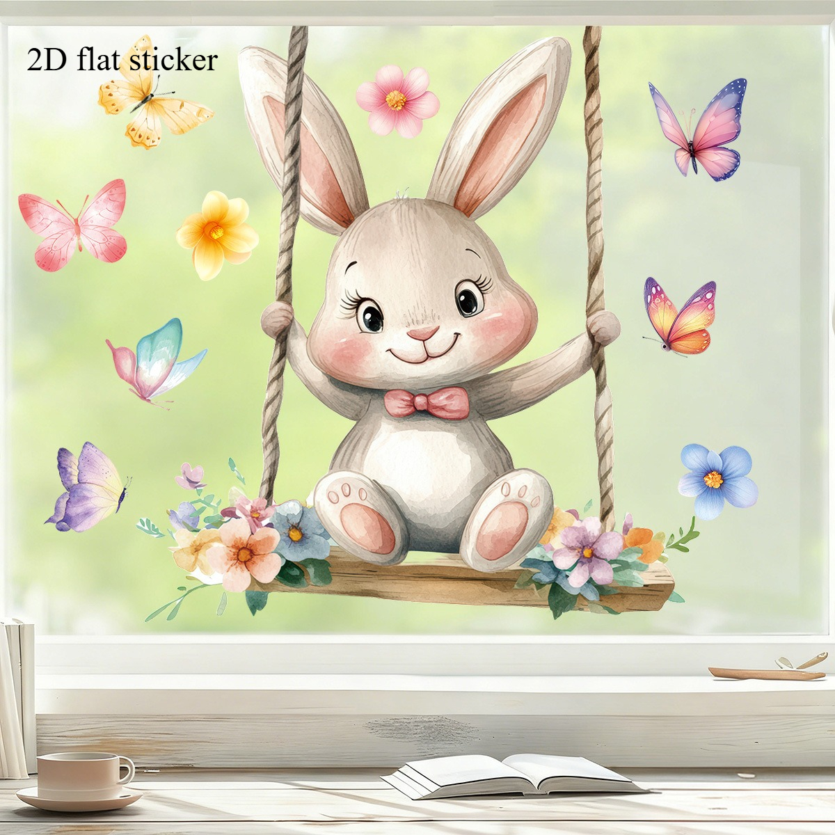 TEMU 2d Flat - 2d Flat - 2d Flat Glass Stickers, Swinging Rabbit Pattern Decorative Wall Art, And , Suitable For Window Display On Commercial Store