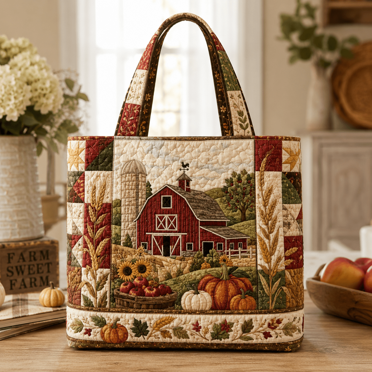 TEMU Women's Quilted Tote Bag, Featuring A Visual Of A Barn With Red Barnyard Wheat And Pumpkin Rolling Down A , Soft Handbag, Large Capacity For