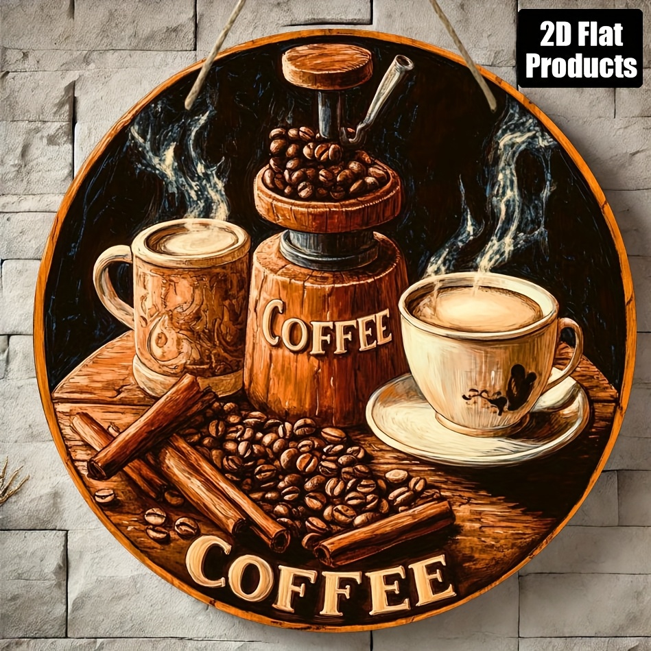 TEMU 2d Flat - 2d Plane, A Vintage -themed Round Wooden Wall Art - 8"x8" Artificial Wood Decorative Sign Featuring Designs Of Beans, Cups, And