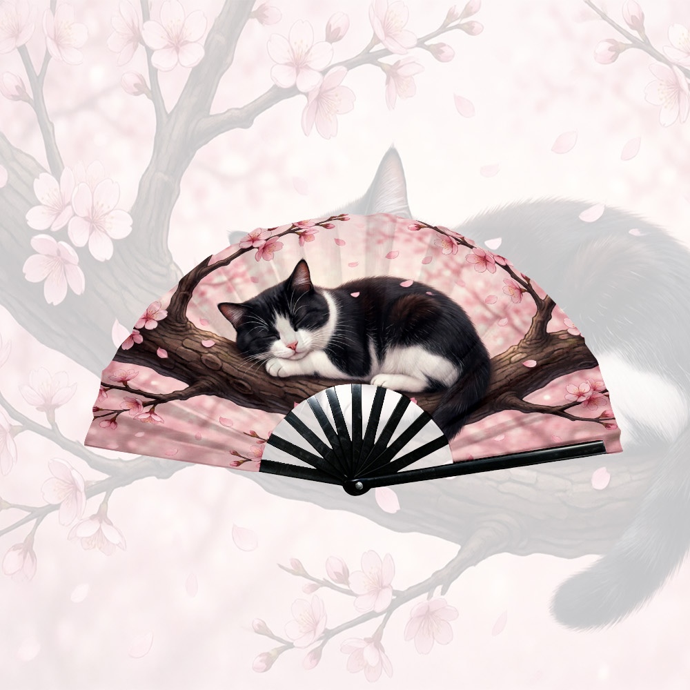 TEMU 1pc Unisex Colorful Floral Patterned Folding Fan Sleeping Tuxedo Cat On Cherry Branch An Artistic Hand-held Fan In Western Style, Suitable For