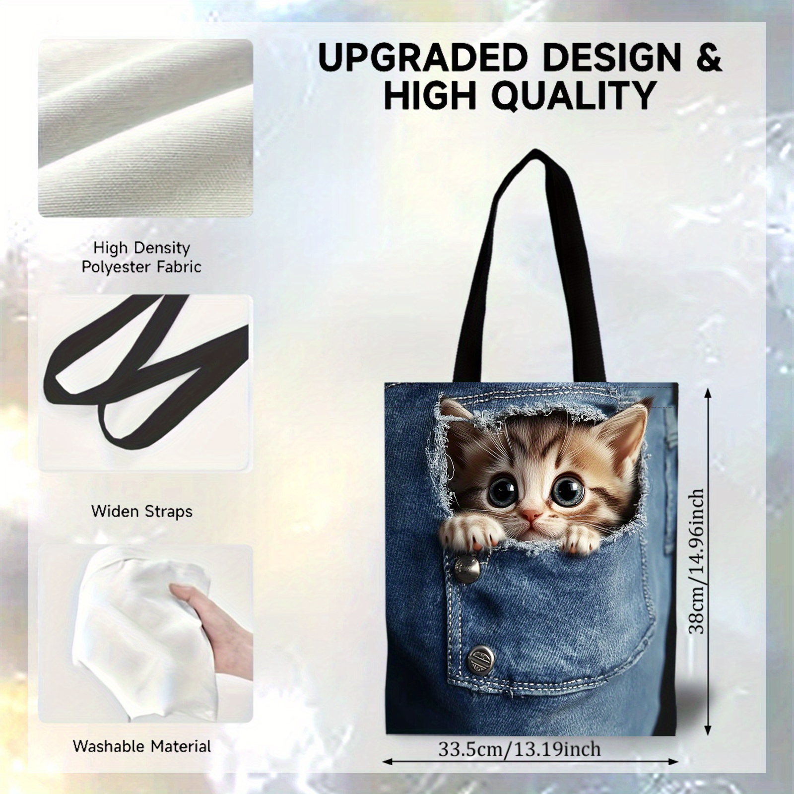 TEMU 1pc Handbag Featuring A Kitten In A Jeans Pocket, This Cute Cartoon Shopping Bag In Blue Is Perfect For Shopping, Gifting, And Everyday Use