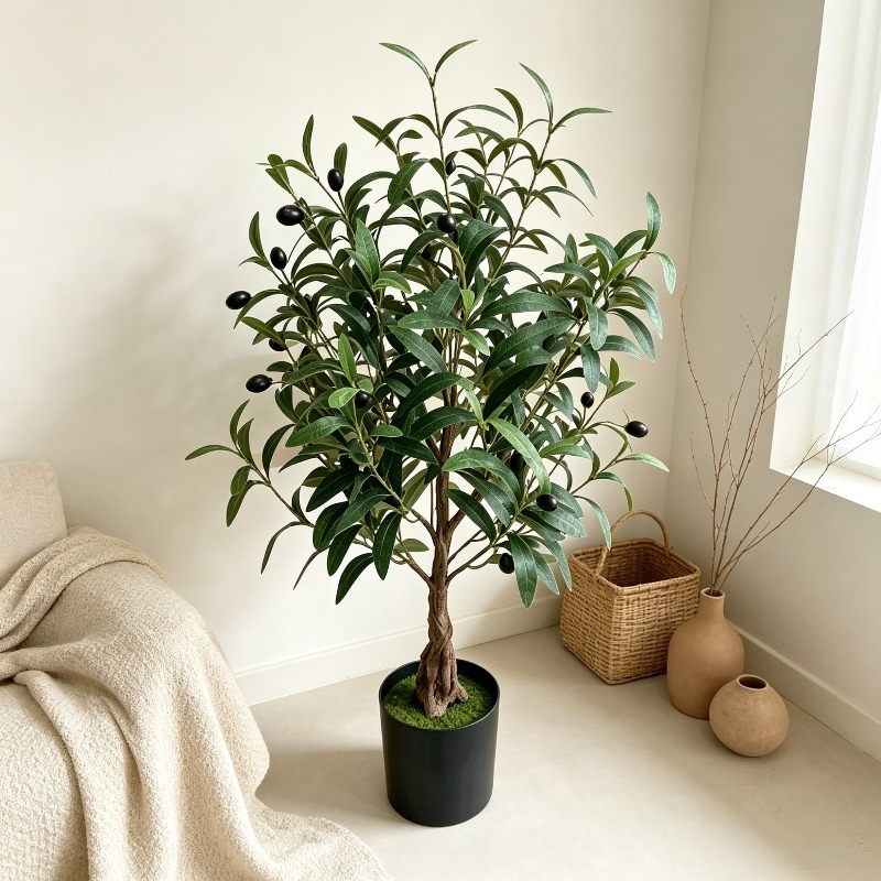 Image of 90cm/35.43in Artificial Olive Tree With Pot, Bohemian Realistic Fake Olive Plant With Black Plastic Planter, Olive Tree With Olive Fruits For Indoor Room Decor