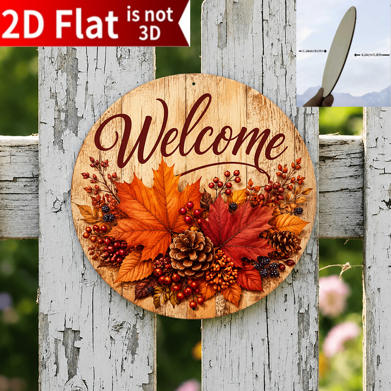 TEMU 2D Flat 2D Flat, . Herbst Willkommen Landhausstil Rundes Holz Hängezeichen Wanddeko, Inklusive Willkommenstext, Orangefarbene Ahornblätter, Rote
