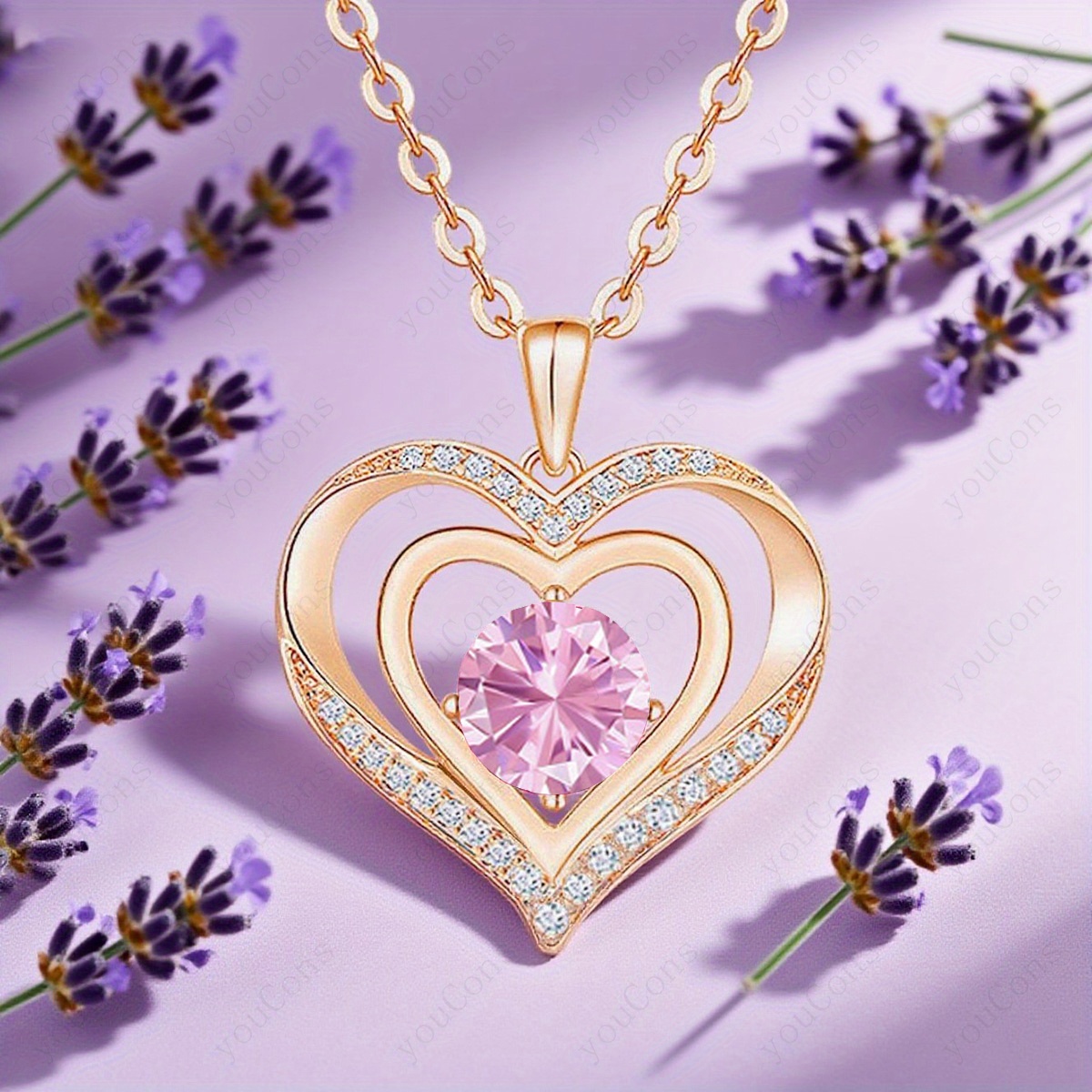 Women's Pink Birthstone Heart Pendant Necklace Gift Set