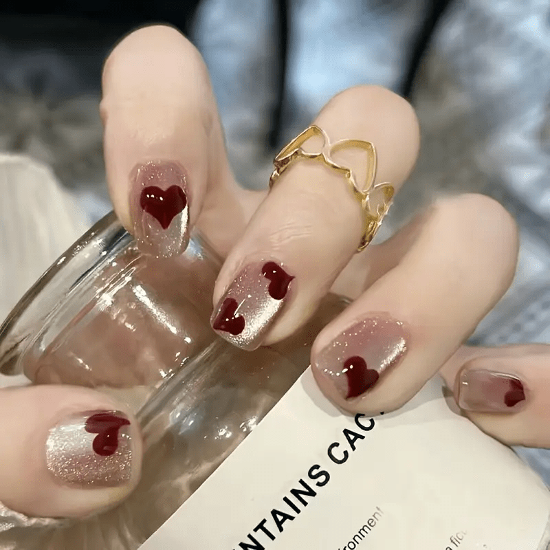 TEMU 1 Set Red And Glitter Accents Short Square Press-on Nails, Reusable Glossy End False Nail Kit