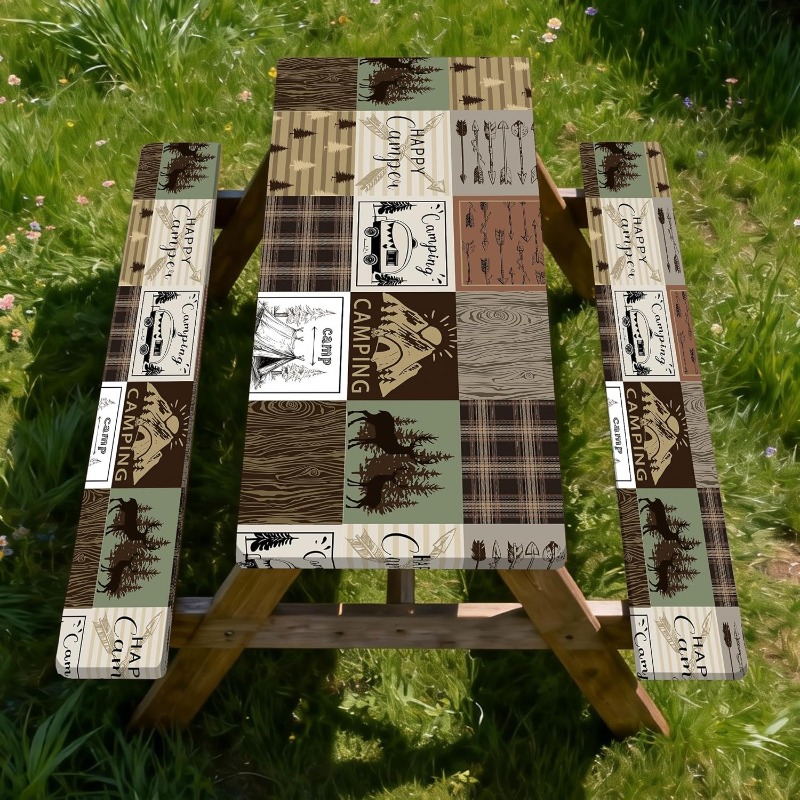 TEMU Ensemble de 3 pièces imprimé en 2D 76X122Cm et 30X122Cm (1 nappe et 2 housses de tabouret), Housse de table de - avec housse de banc à bord