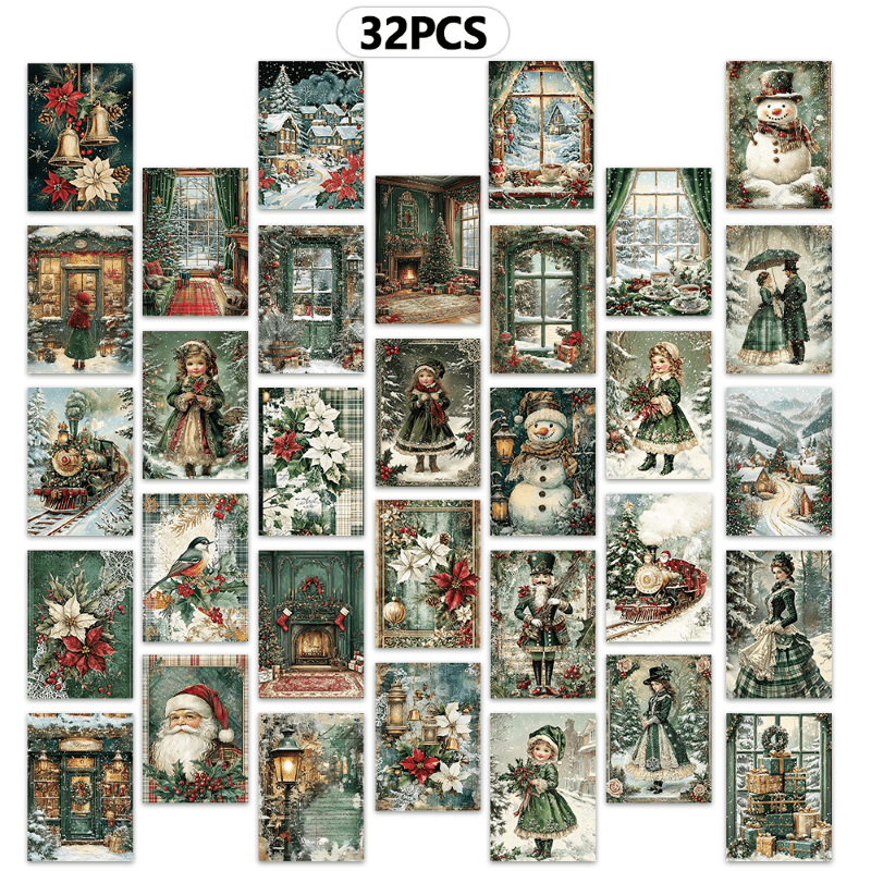 E-shop 32 Stk., Grüne Vintage-Weihnachtsbriefmarken mit , Geburtstagsgeschenke, Erinnerungskarten für Wohnzimmerdekoration, Schlafzimmeraufkleber,
