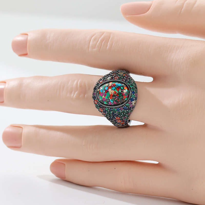Women's Luxury Multicolored CZ Inlaid Black Geometry Ring