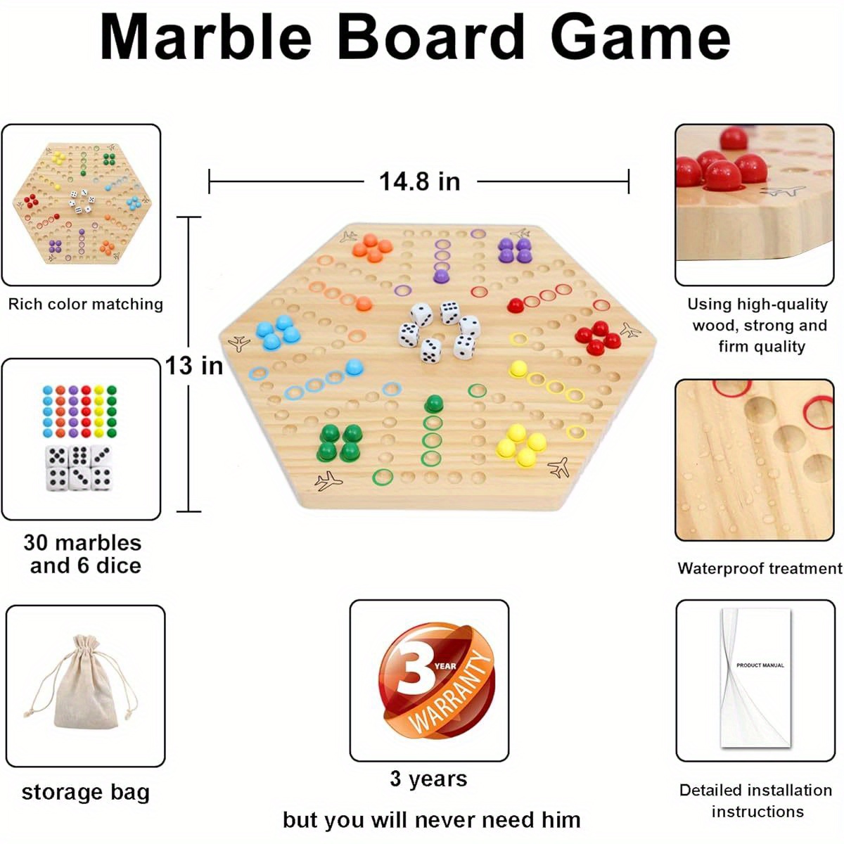 HOROW Wahoo Board Game - Classic 2-Sided Wooden Family Game Night Board Game for 4 or 6 Players, Includes 30 Marbles & 6 Dice, Compact Portable Design with Sturdy Log Base, Easy to Learn & Play