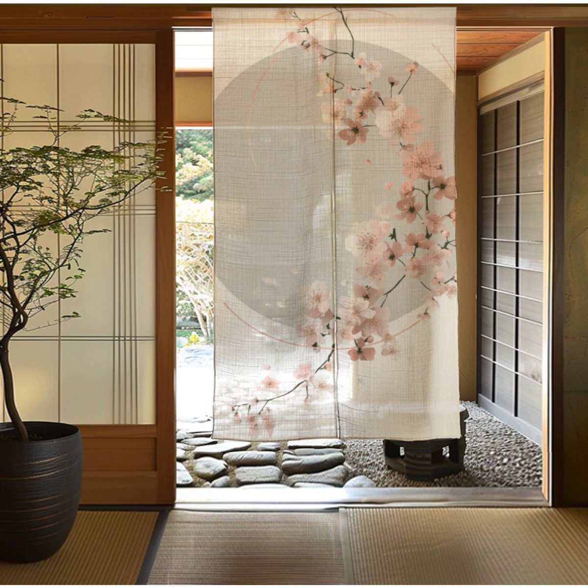 TEMU 【商品名】和風桜の間仕切りドアカーテン - 軽量ポリエステル生地、ソフトベージュ＆ピンクの花柄デザイン、リビン、ベッドルーム、レーション用のトな - 簡単設置、現代的な日本風デコレーション