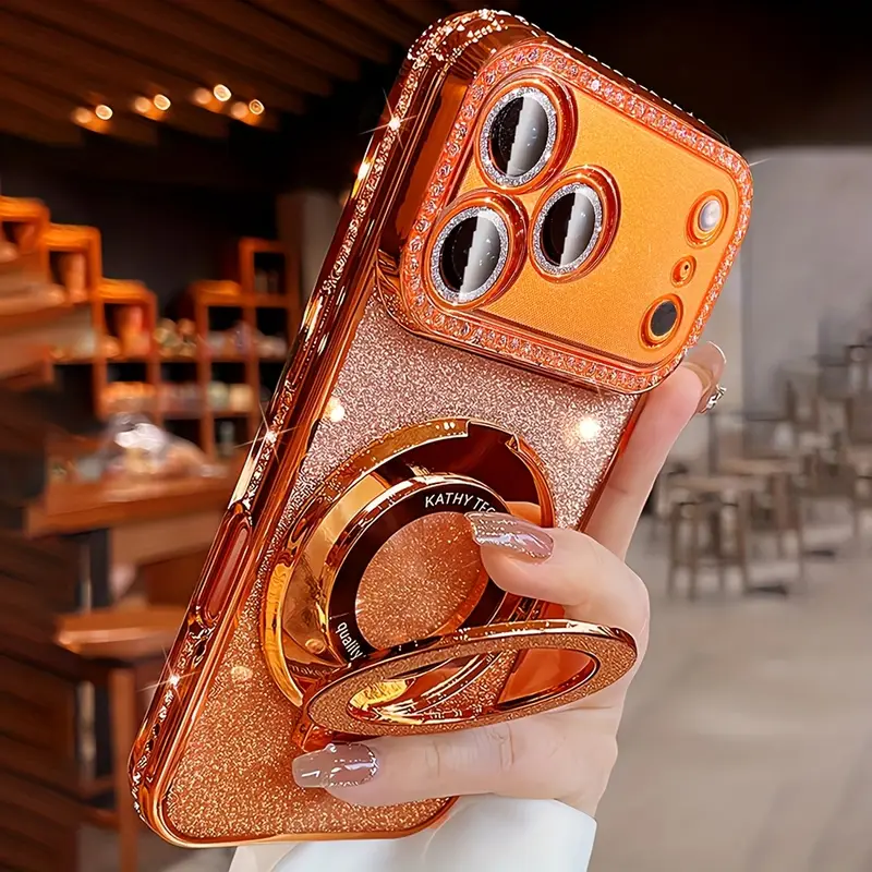 Phone Case: Luxury Glitter * Ring Stand Gradient Sequin Plated Phone Case, Compatible with iPhone 17 Pro Max/Air/16/15/14/13/12 Pro Max, Women's Orange and Silvery Color Stand Protective Case Phone Case: Luxury Glitter * Ring Stand Gradient Sequin Plated Phone Case, Compatible with iPhone 17 Pro Max/Air/16/15/14/13/12 Pro Max, Women's Orange and Silvery Color Stand Protective Case