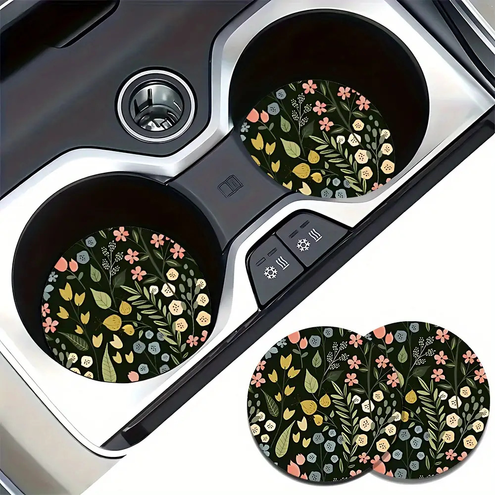 TEMU 2 Sous-verres de voiture à floraux - Tapis de boisson antidérapants en caoutchouc avec des de plantes élégants (Fleurs roses, fond de feuilles