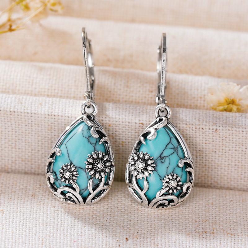 Image of Bohemian Sunflower Earrings Retro Synthetic Turquoise Drop Earrings For Women Daily Party Vacation Wearing Vintage Jewelry Additions