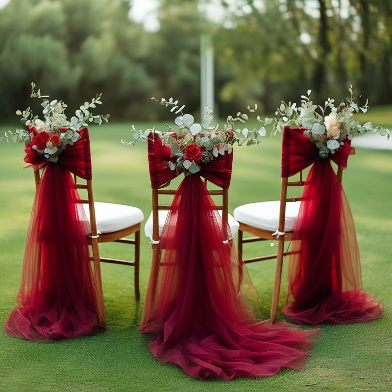 Image of 6-pack, X 6.7ft Romantic Burgundy Semi-sheer Tulle Chair Decorations, Wrinkle-resistant Multi-functional Polyester Square Mesh Fabric, Suitable For Weddings, Birthday Parties, Seasonal Events