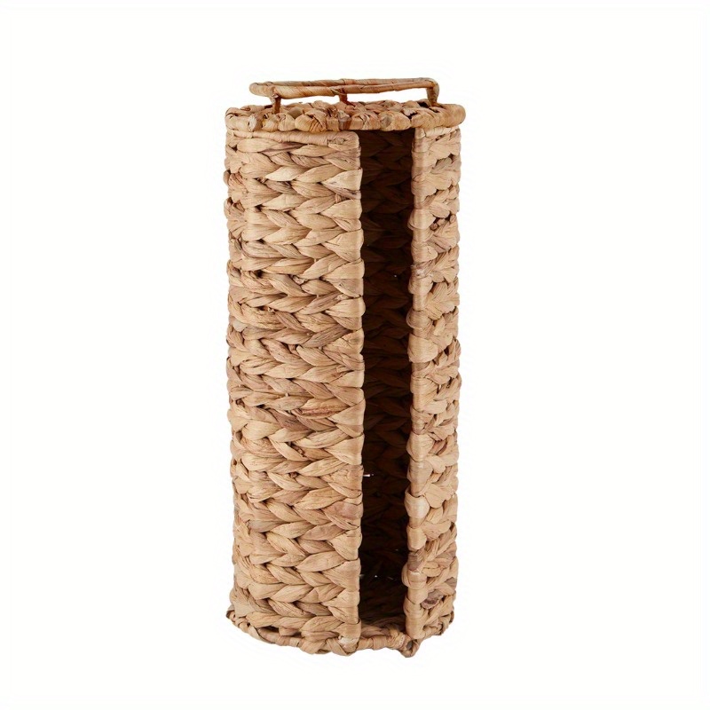 elegant beige woven tissue holder with lid natural hyacinth design round bathroom organizer for toilet paper stylish and functional home decor toilet paper holder Product details 0