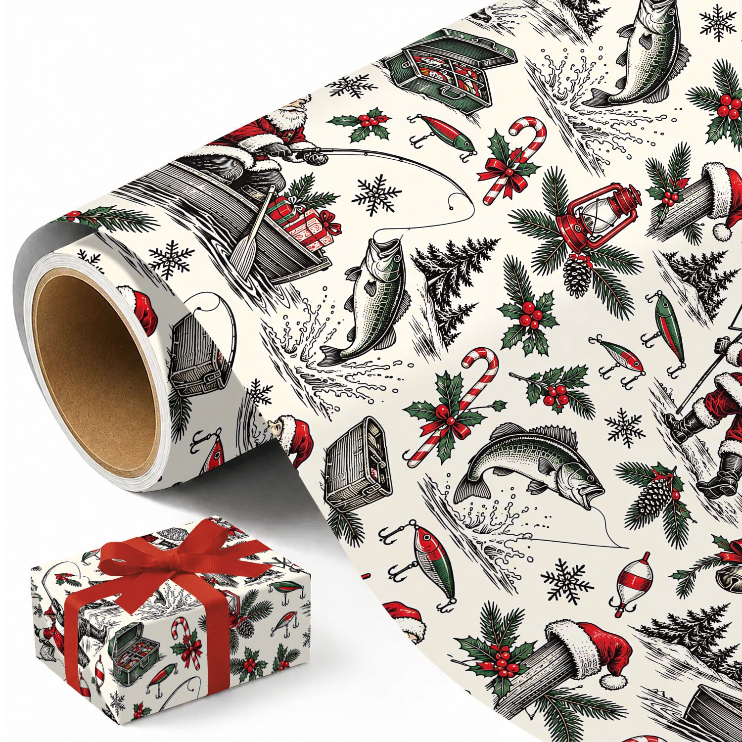 TEMU 1 Rouleau de Rétro Pêche Père , avec Appât, Motif Sapin, de Houx, Gravé, Idéal pour Cadeaux de Noël, Fêtes d'Année, Artisanat Fait Main