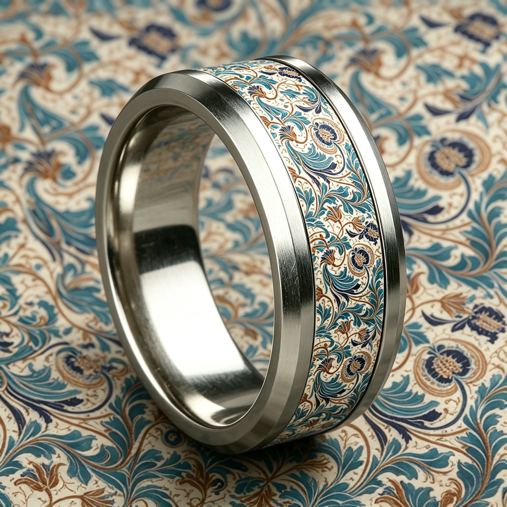 Light Blue Brown Morris Vintage Leaf 304 Stainless Steel Ring