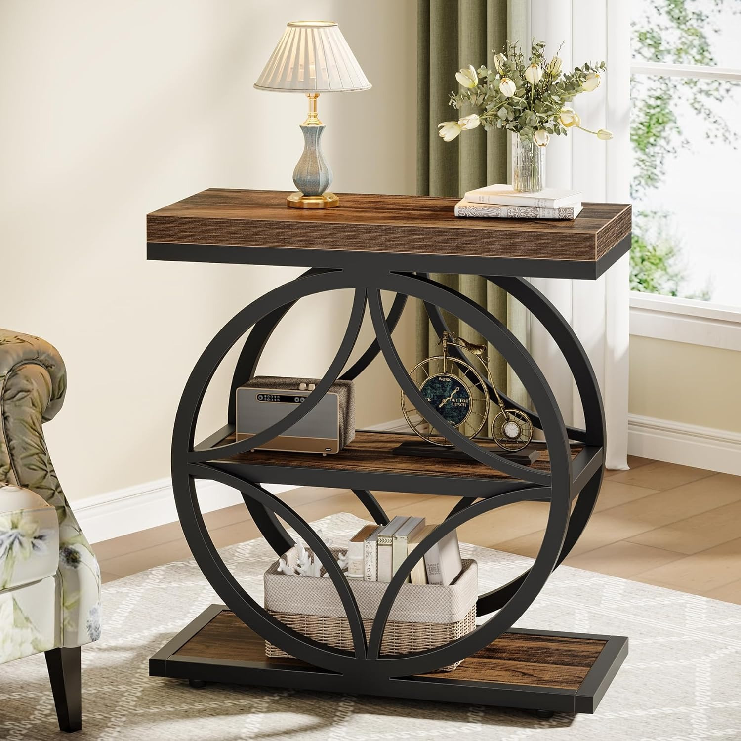 TEMU Rustic Brown Industrial Narrow Side Table Featuring A 3-tier Storage And Metal Frame, Perfect As A Compact End Table For Your Living Room Or