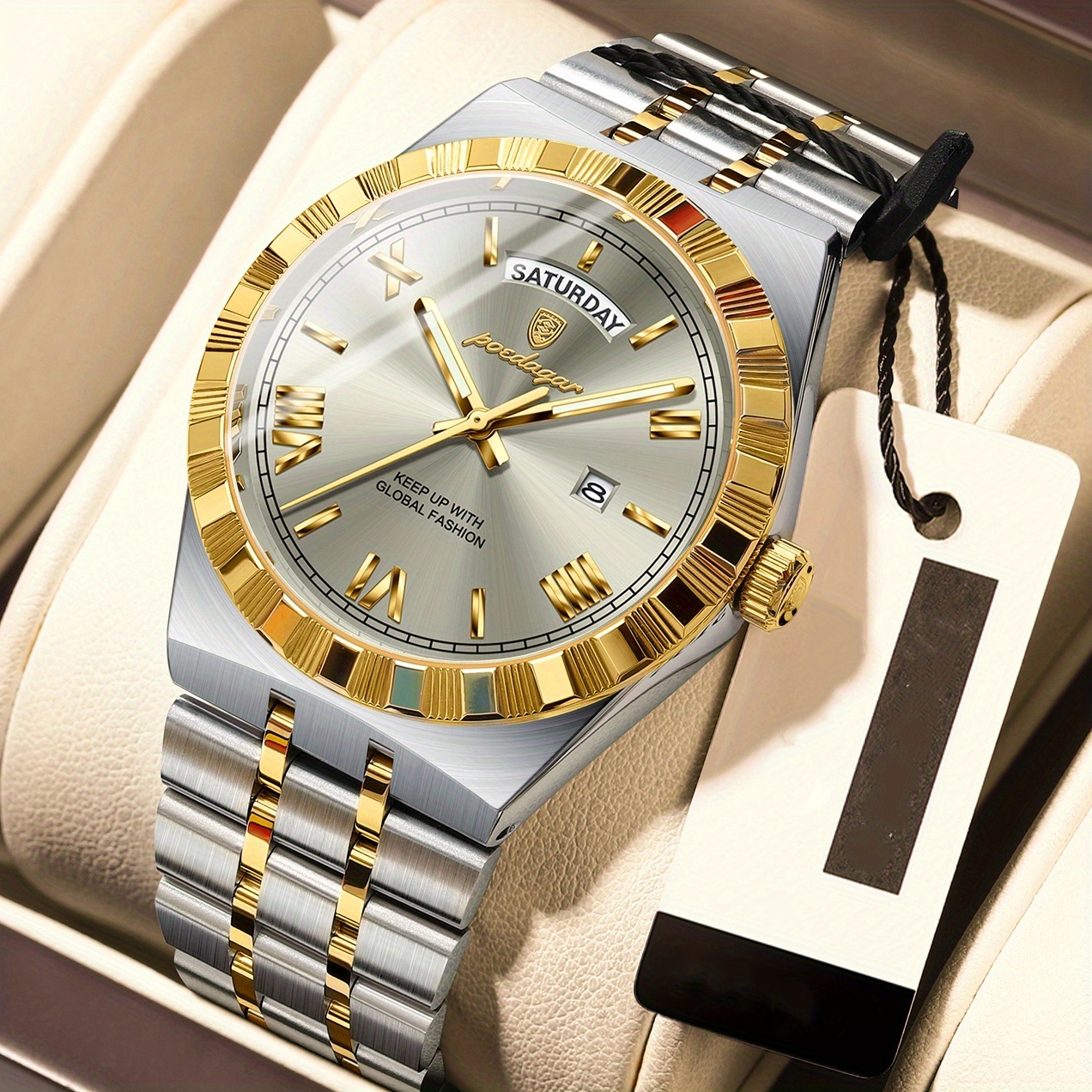 TEMU Business Watch, High Quality 1181.1 Inch, Luminous Hands, Roman Numeral Golden Dial - Luxury Decorated Watch For Professionals With Formal