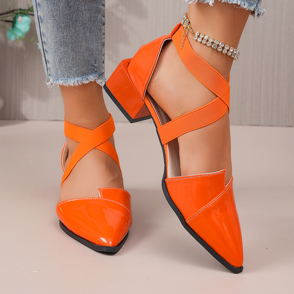 Image of Gloss Patent Pointed Toe Crisscross Elastic Ankle Strap Block Heel Shiny Dress Heels European Women' Date Wedding Footwear Vibrant Evening Mid-heels, Women Shoes
