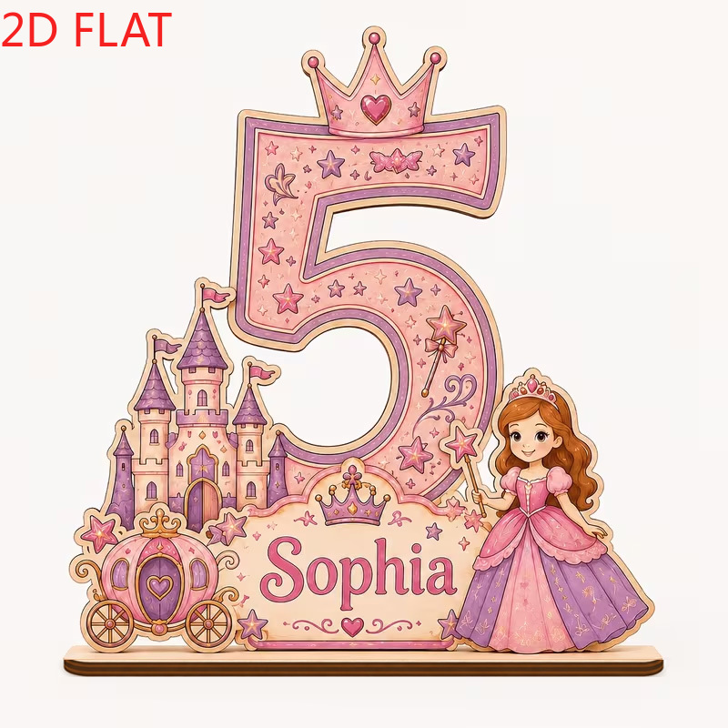 TEMU 2d Flat, 2d Flat Personalized Custom Birthday Name & Number Wooden Centerpiece Decorations- 2d Flat Printed Princess Themed Desktop Ornament,