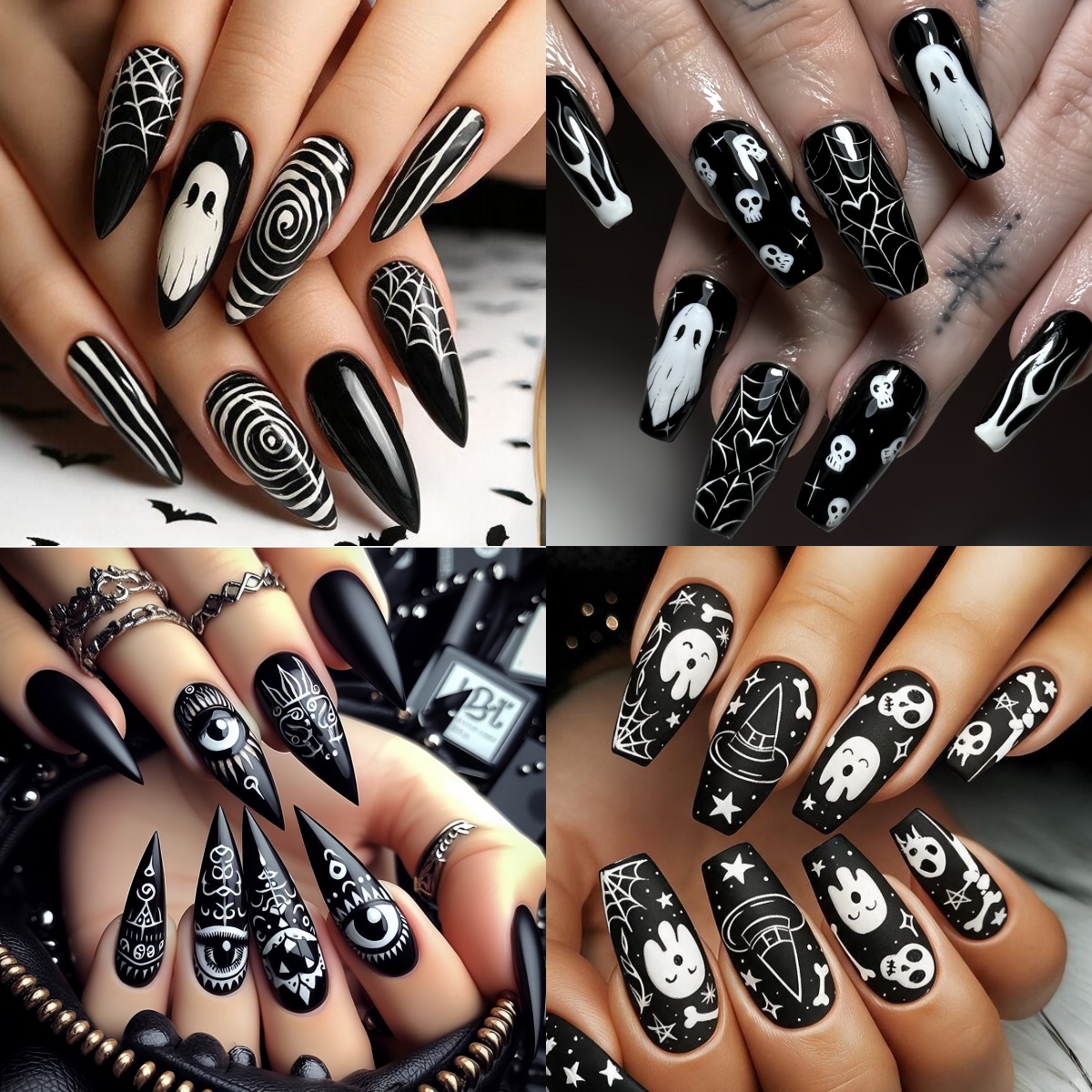 TEMU 96pcs Ongles à d'Halloween noirs et blancs, motif facile de toile d'araignée de blanc, spirale, étoile, chapeau de sorcière, crâne, base noire