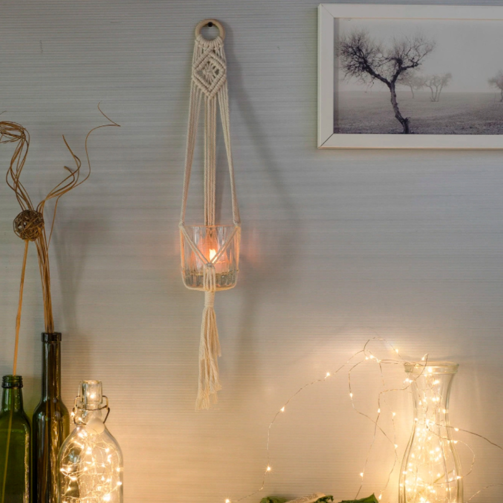 Image of 1pc, Bohemian-style Hanging Rope, Rope Hanging Net Candlestick, Rope Candlestick, Rope Hanging Net (excluding Glass Cups And Candles)