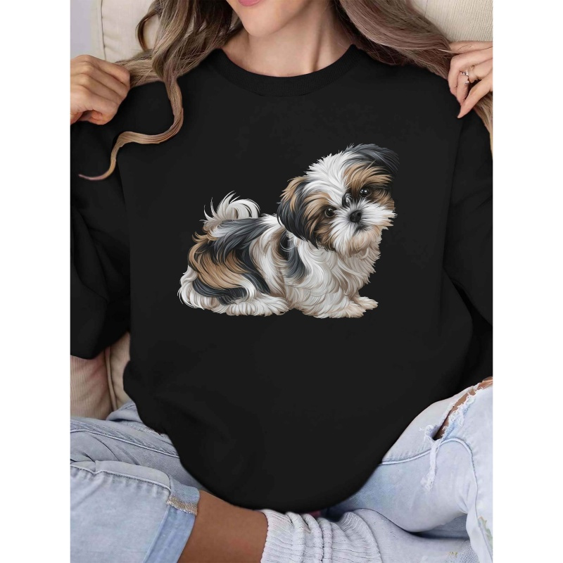 

Shih Tzu Dog Illustration Sweatshirt, Crew Neck Casual Sweatshirt For Fall & Spring, Women's Clothing