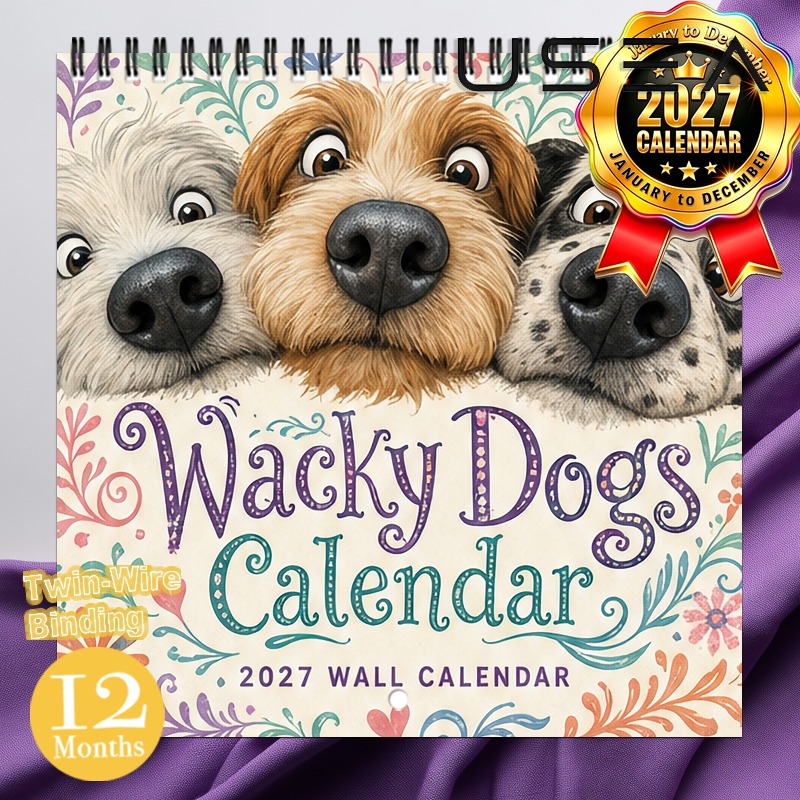 TEMU 2027 Wall Calendar 2027 Wacky Dogs Wall Calendar, 12-month Monthly Planner, Twin Wire Spiral Hanging Calendar With Large Blocks, Us Federal