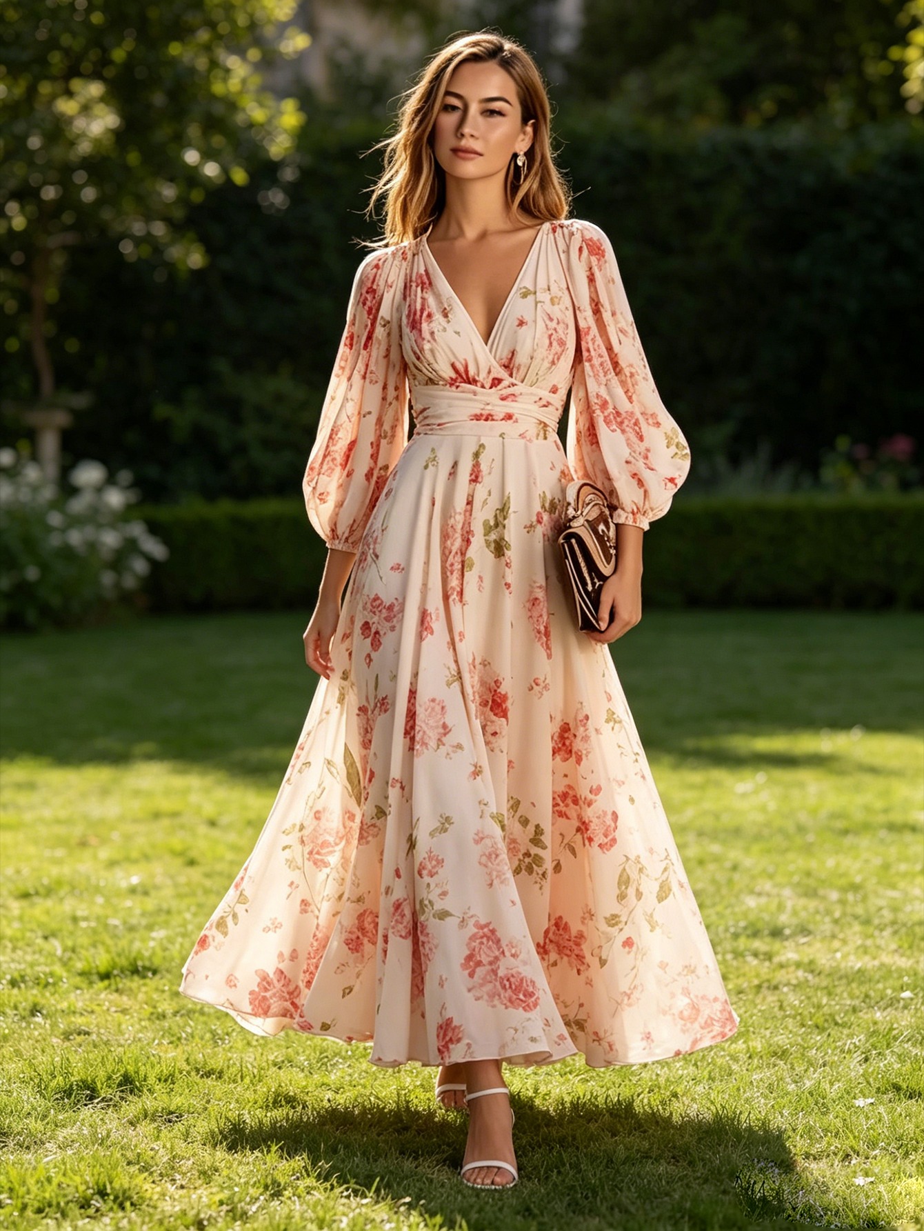 flowy spring dresses with sleeves Floral Print Long Sleeve Spring Flowy Midi Boho Dress, White / M main image 1