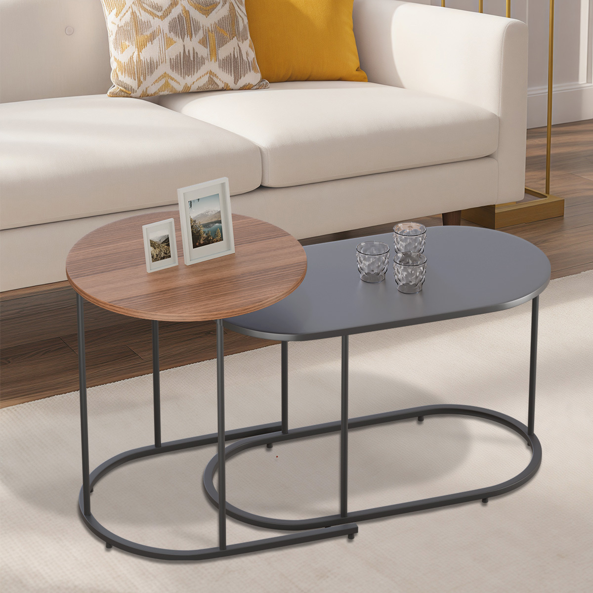 2pcs Side Table Set with Wooden Top - Vintage Style, Expandable, Easy Assembly, for Living Room, Bedroom, Patio & Camping - Sturdy Metal Frame, Living Room Table