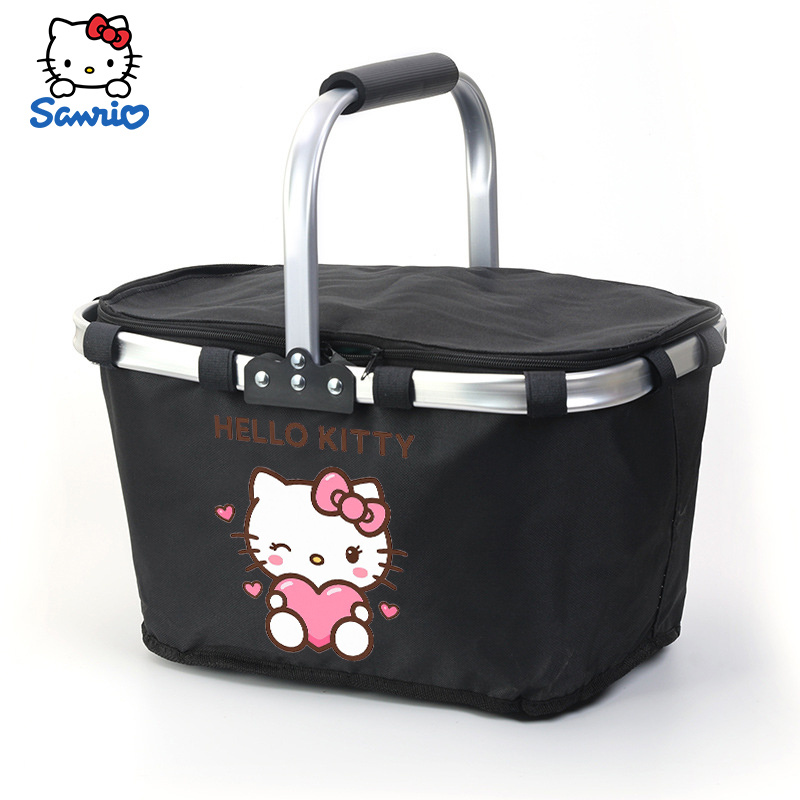 Hello Kitty Hold Pink Heart Print Large Insulated Storage Basket With Lid, Foldable Shopping Outdoor Cooling Basket, Durable Multi-functional, Suitable For Beach, To School And Summer Use