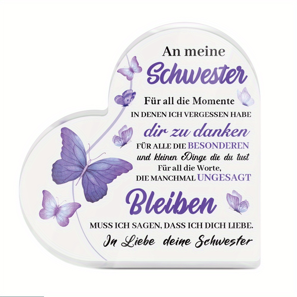 2d Flat, 2d Flat Putuo Decor 1pc German Heart Shaped Acrylic Sign Table Decor, An Meine Schwester In Liebe, Deine Schwester, Desktop Decoration For Home Room, Gift For Sister, 2d Flat