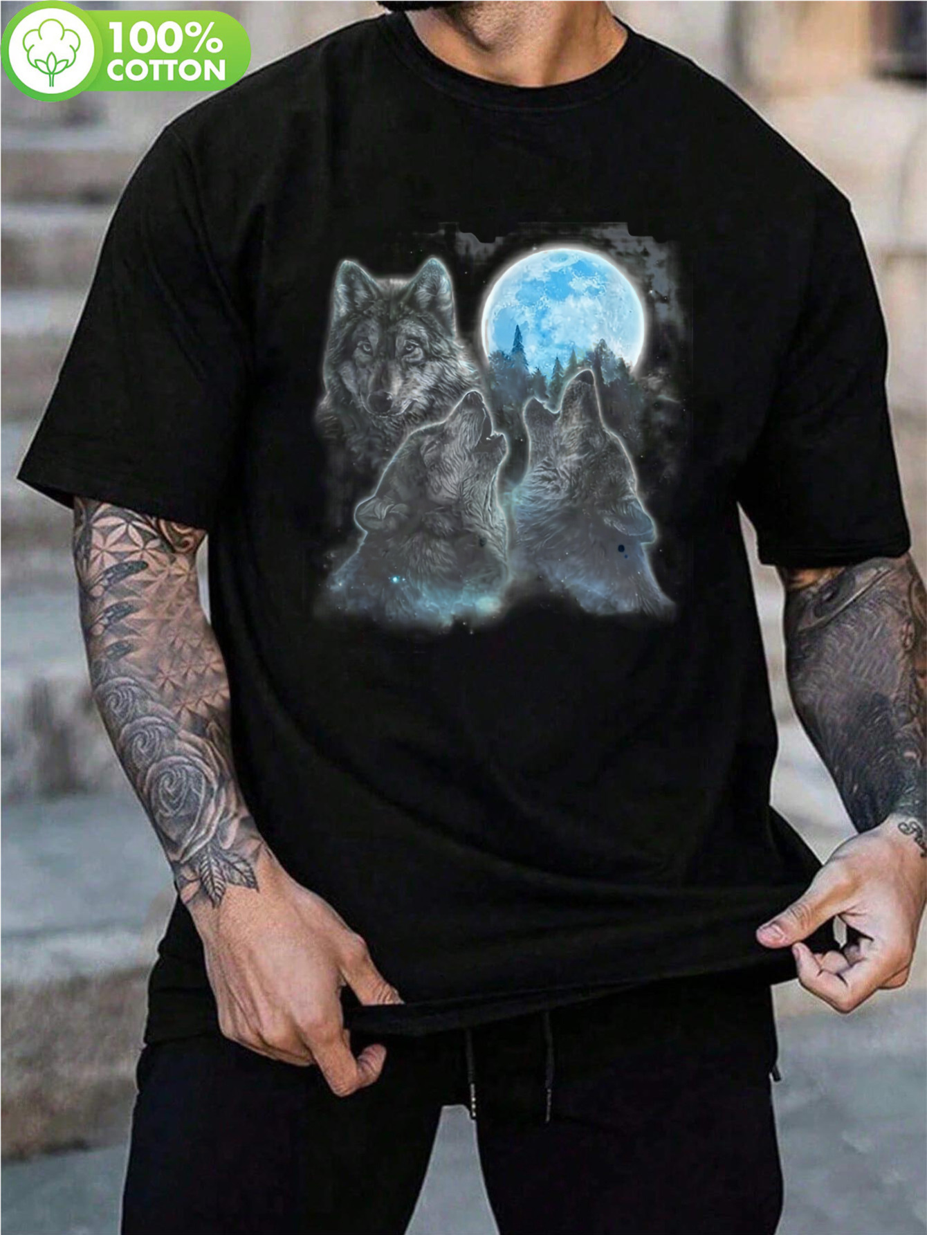 mens     at   graphic t shirt 100 cotton crew neck casual tee black with blue white night       machine washable wolf t shirt 0