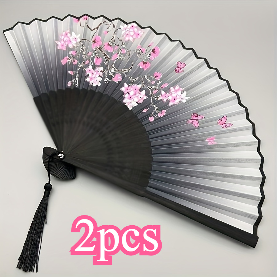 1/2 Stck Schwarzer Bambus Faltbarer Fcher - Vintage  Blumenkern-Kirschblten Design mit Rosa und Lila Kunstwerk, Leichter  Tragbarer Handfcher fr Hanfu * Abschlussgeschenke * Bambus Deko