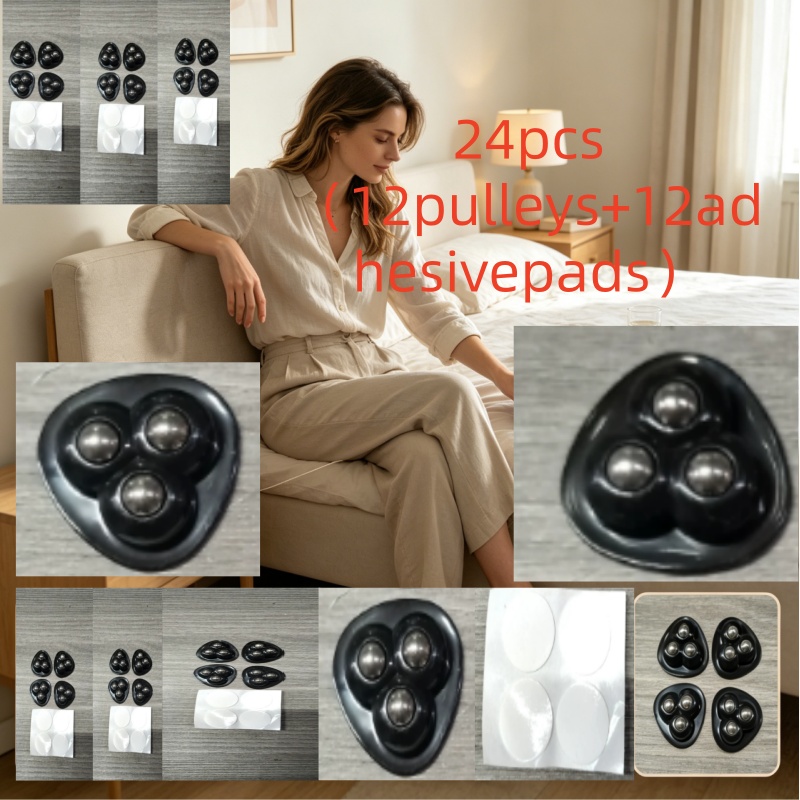 Image of 24pcs (12pcs Pulleys And 12pcs Adhesive Pads) Self-adhesive Furniture Casters, No Drilling Required, Silent Omnidirectional Ball Casters, Storage Box/trash Can/flower Pot/small Appliance Moving Wheels