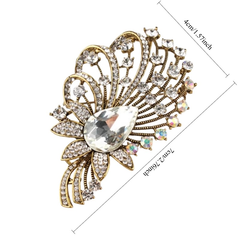 Vintage Gold-Tone Crystal Feather Brooch, Elegant Statement Pin