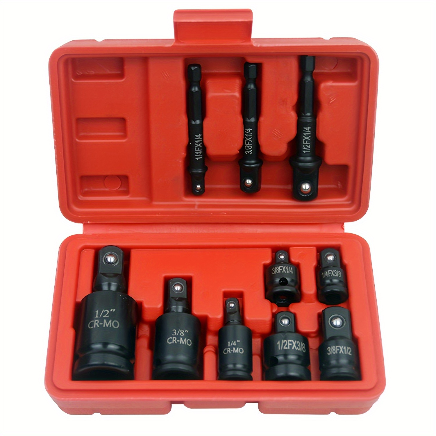 Image of 10pcs Impact Socket Adapter Set With Box, Including 4 Adapters, 3 Universal Joint Socket Combinations And 3 Drill Bit Adapter Combinations, 1/4, 3/8, 1/2 Manual Tool Set