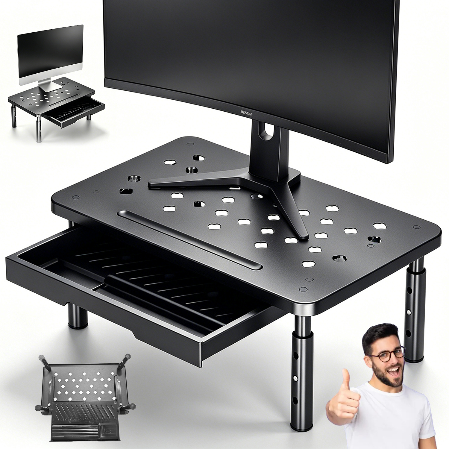 Image of Height Adjustable Desktop Monitor Stand With Hollow Heat Dissipation & Storage Drawer - Minimalist Riser Compatible For Laptop, Pc, Tablet, For Office Desk Ventilation System, Space-