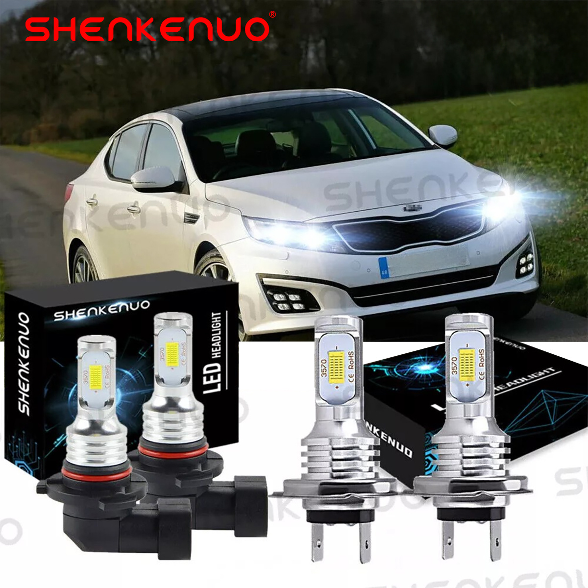 4pcs 9005 H7 Led Headlight Bulbs Beam Combo For Forte 2017-2018, Without Battery