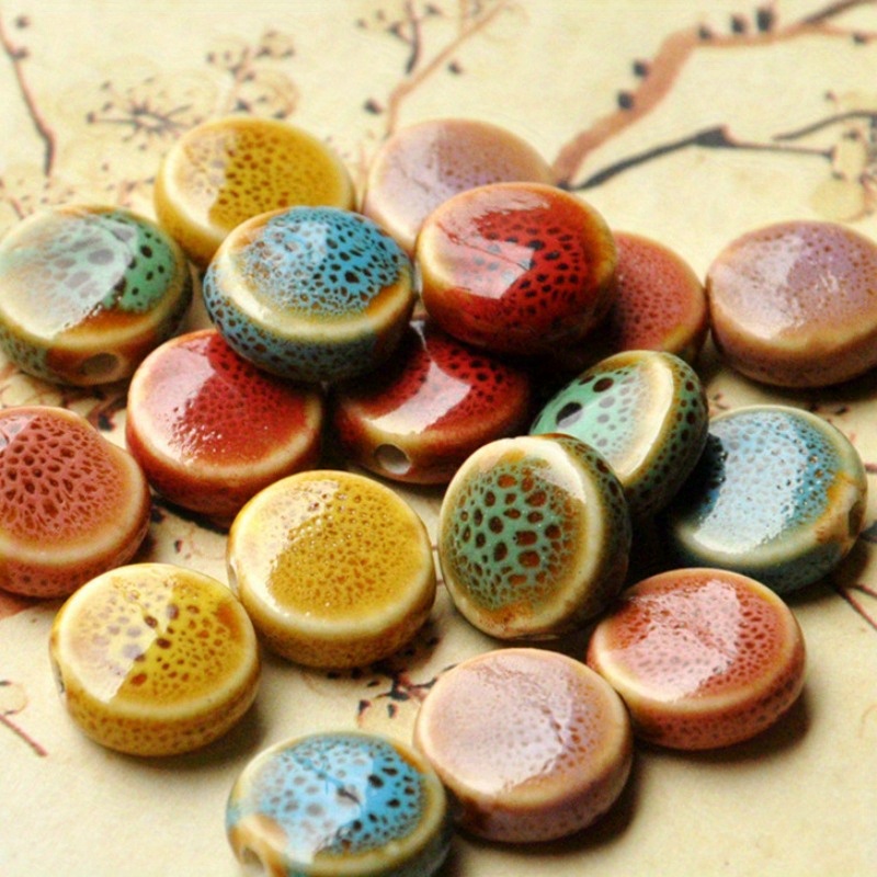 Image of 100pcs 14mm/0.55inch Large Size Mixed Color Flat Beads, Jewelry Making Material, Diy Weaving Accessories, Ceramic Colored Beads