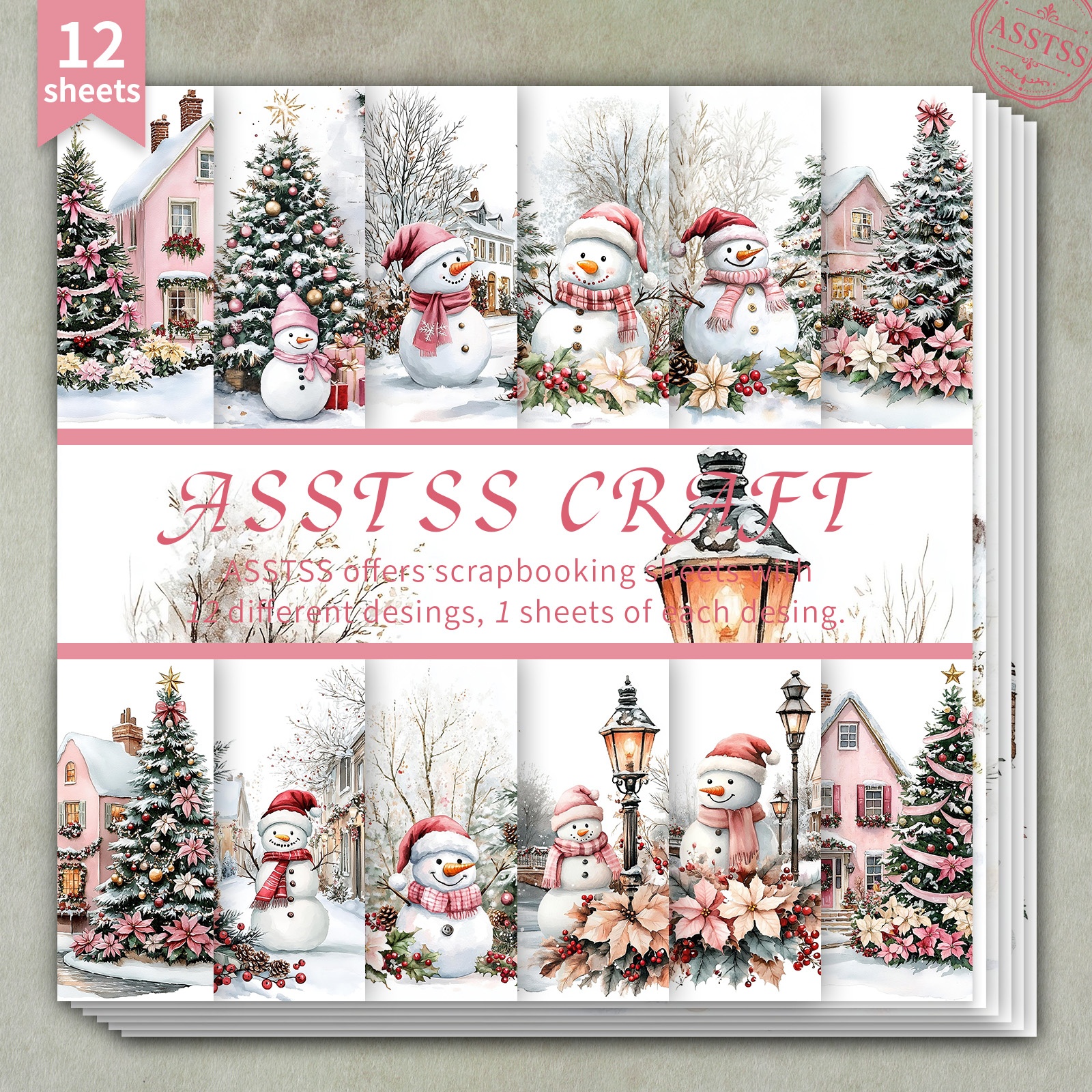 TEMU 12-sheet Asstss 6*6inch Scrapbooking Paper Pad,christmas Pink Snowman Christmas Backing Paper Supplies, Heavyweight Cardstock For Journaling,